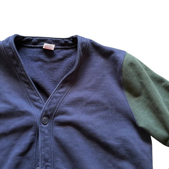 J. Crew Colorblock Cardigan Sweater Men Large Navy Red Green V-Neck Pockets - Picture 2 of 5